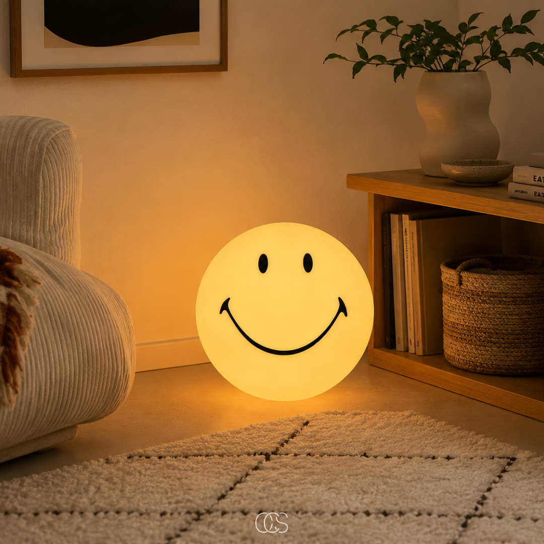 Lampe d'ambiance LED Smiley jaune dimmable pour chambre d'enfant, salon et décoration intérieure joyeuse | Koossa