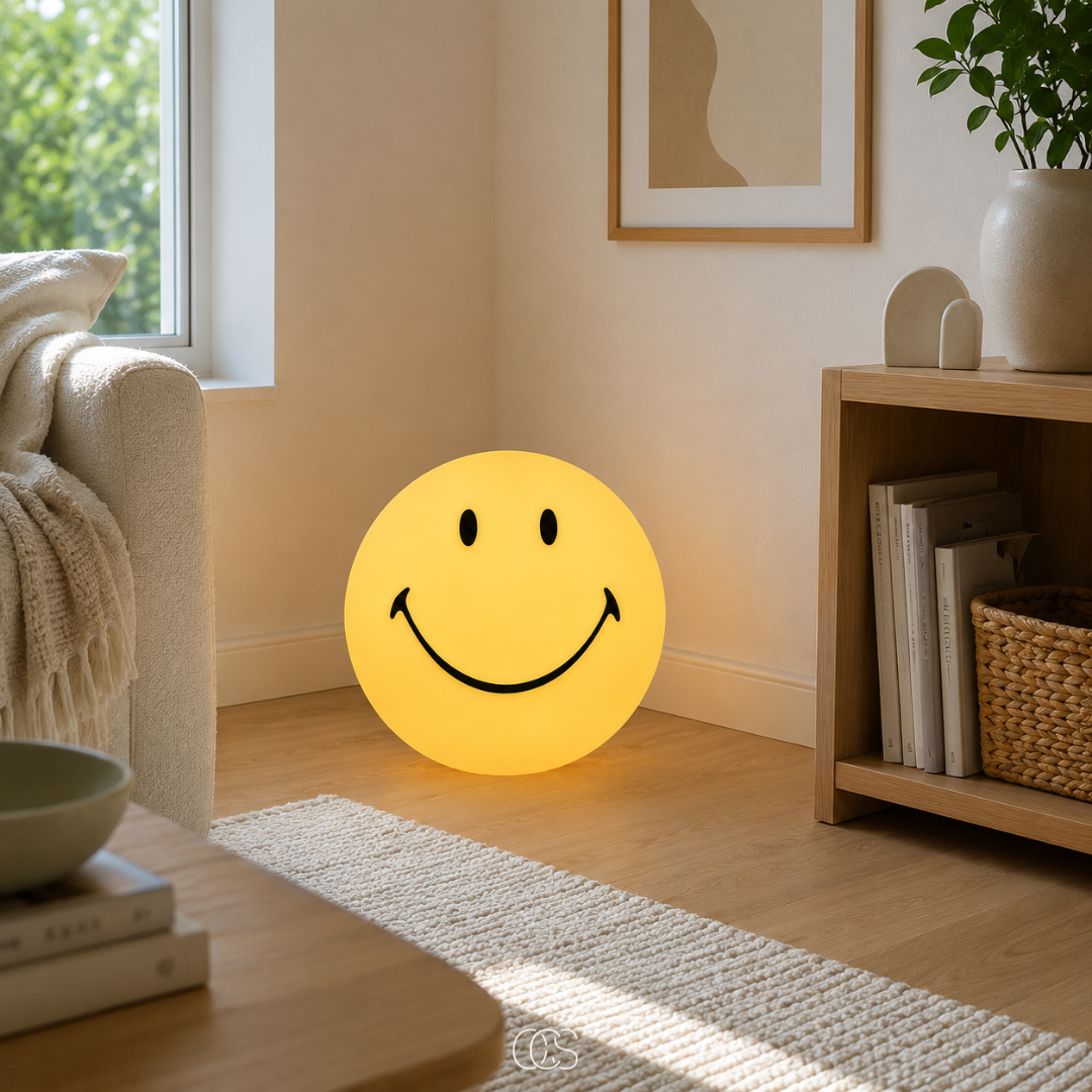 Lampe d'ambiance LED Smiley jaune dimmable pour chambre d'enfant, salon et décoration intérieure joyeuse | Koossa