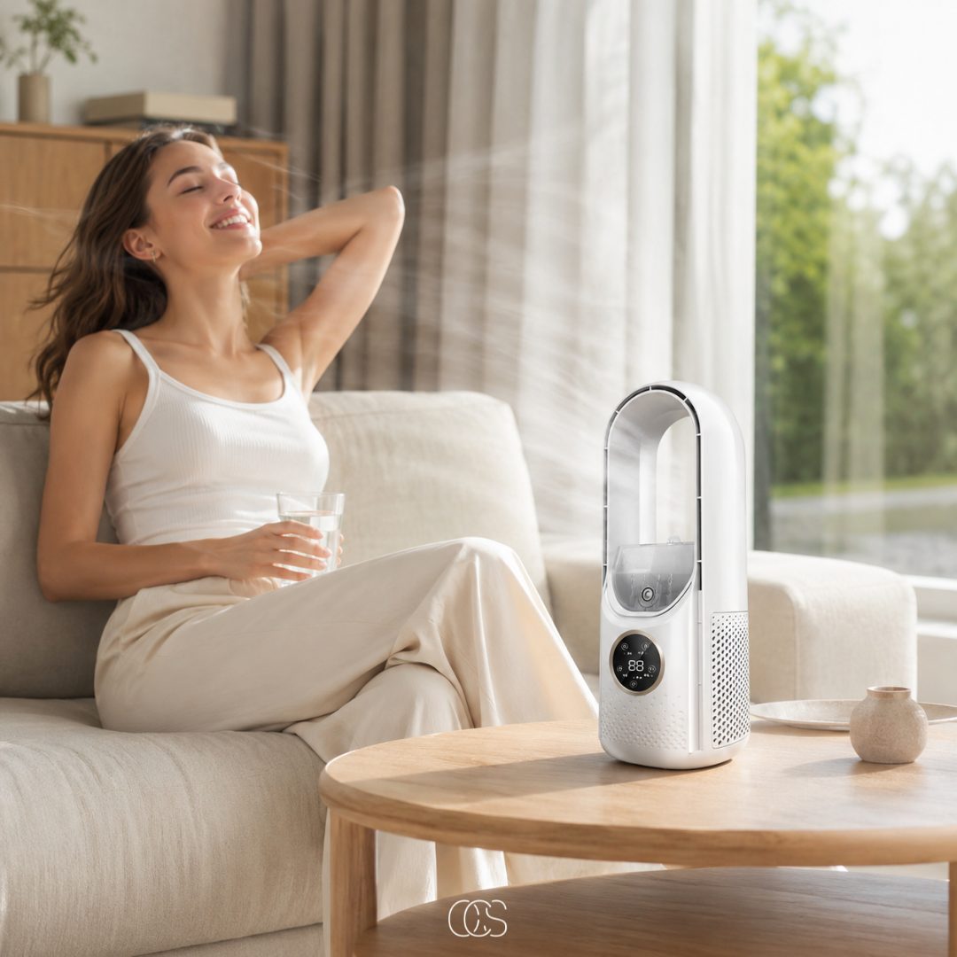 Rafraîchisseur d'air USB sans pales avec brumisateur 6 vitesses minuteur pour bureau chambre maison silencieux | Koossa