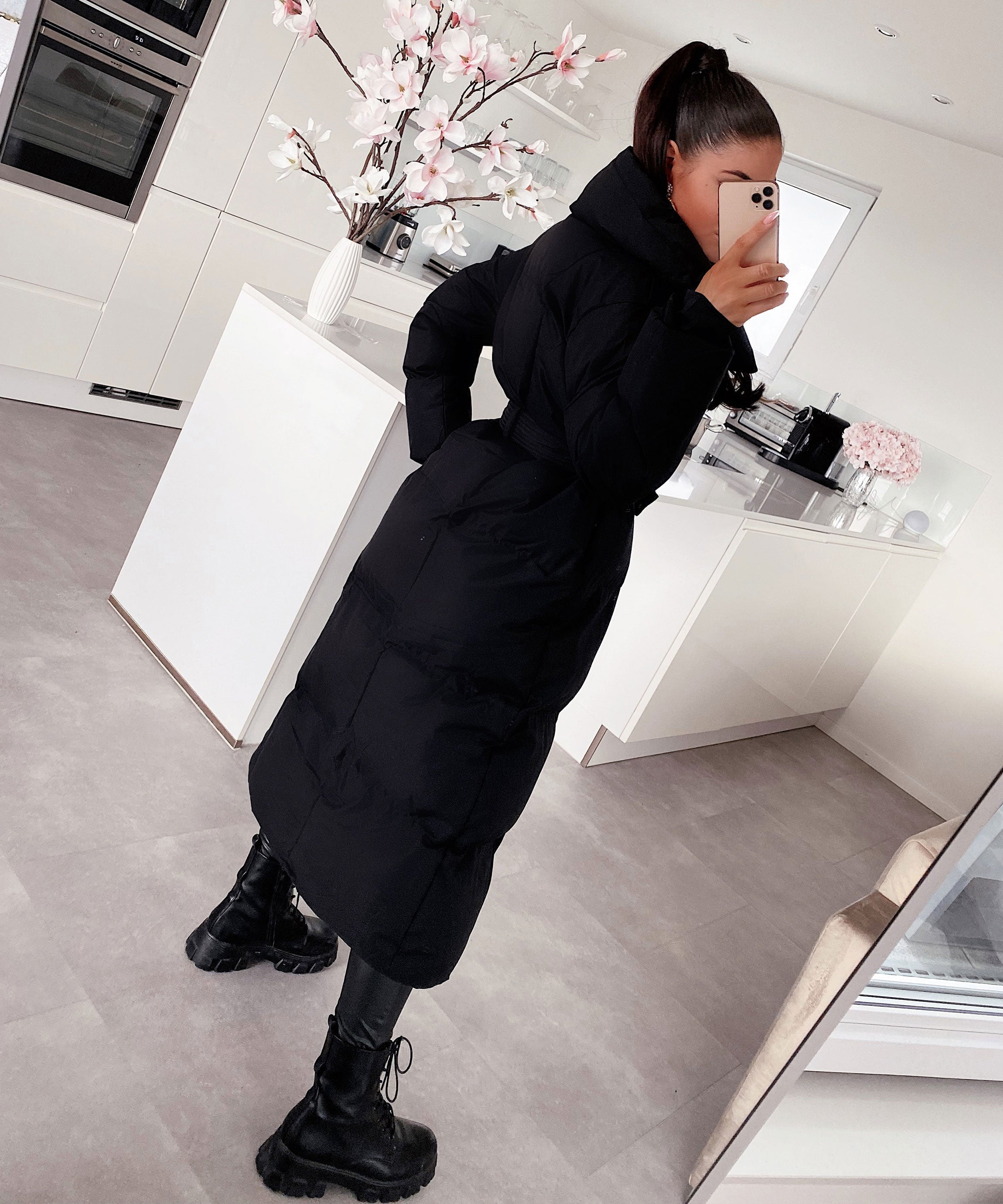 Women's Black Maxi Puffer Coat with Belt — Elegant Long Winter Jacket for Cold Weather & Everyday Style | Koossa