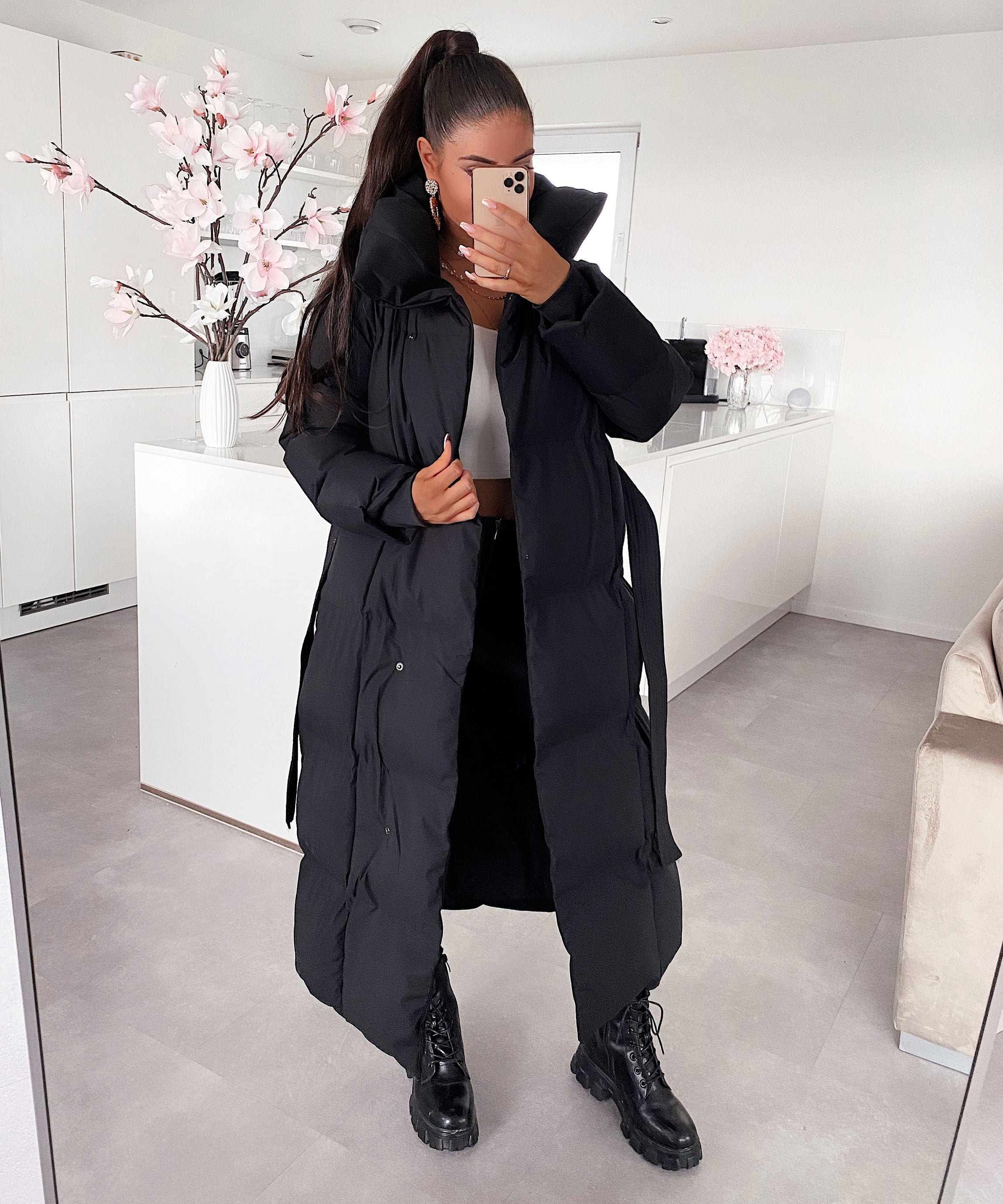 Women's Black Maxi Puffer Coat with Belt — Elegant Long Winter Jacket for Cold Weather & Everyday Style | Koossa