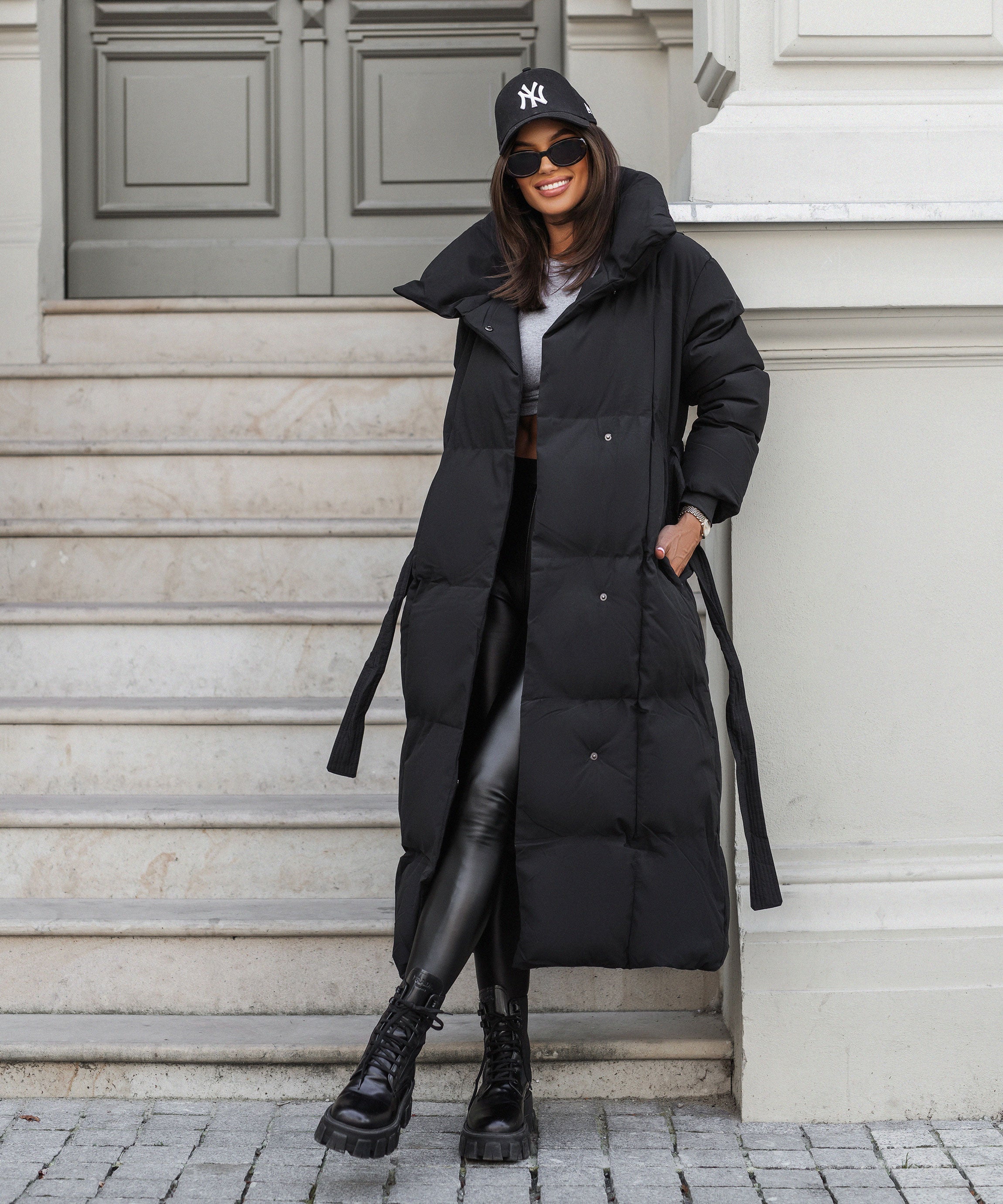 Women's Black Maxi Puffer Coat with Belt — Elegant Long Winter Jacket for Cold Weather & Everyday Style | Koossa
