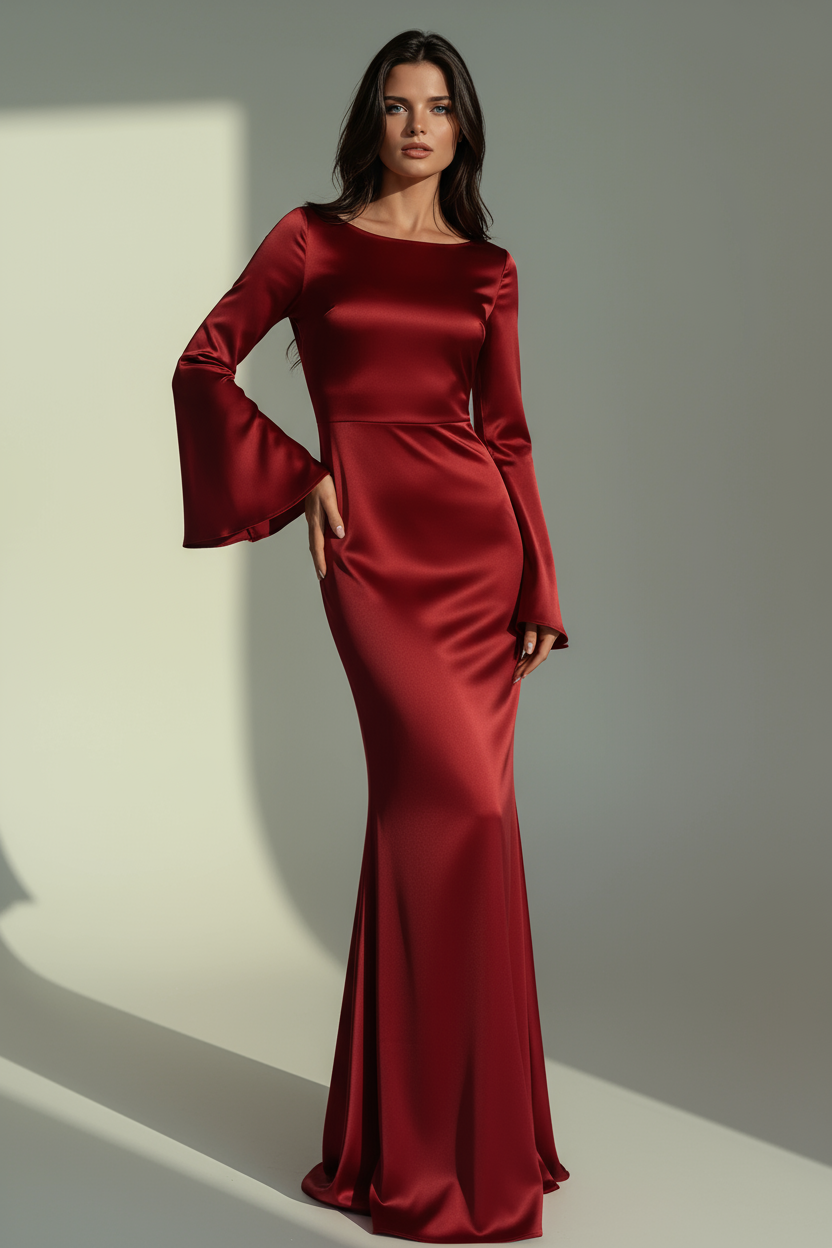 Floor-Length Evening Gown with Flared Cuffs – White, Brown, Deep Red, Black – Fitted Waist Maxi Dress for Formal Occasions and Weddings | Koossa