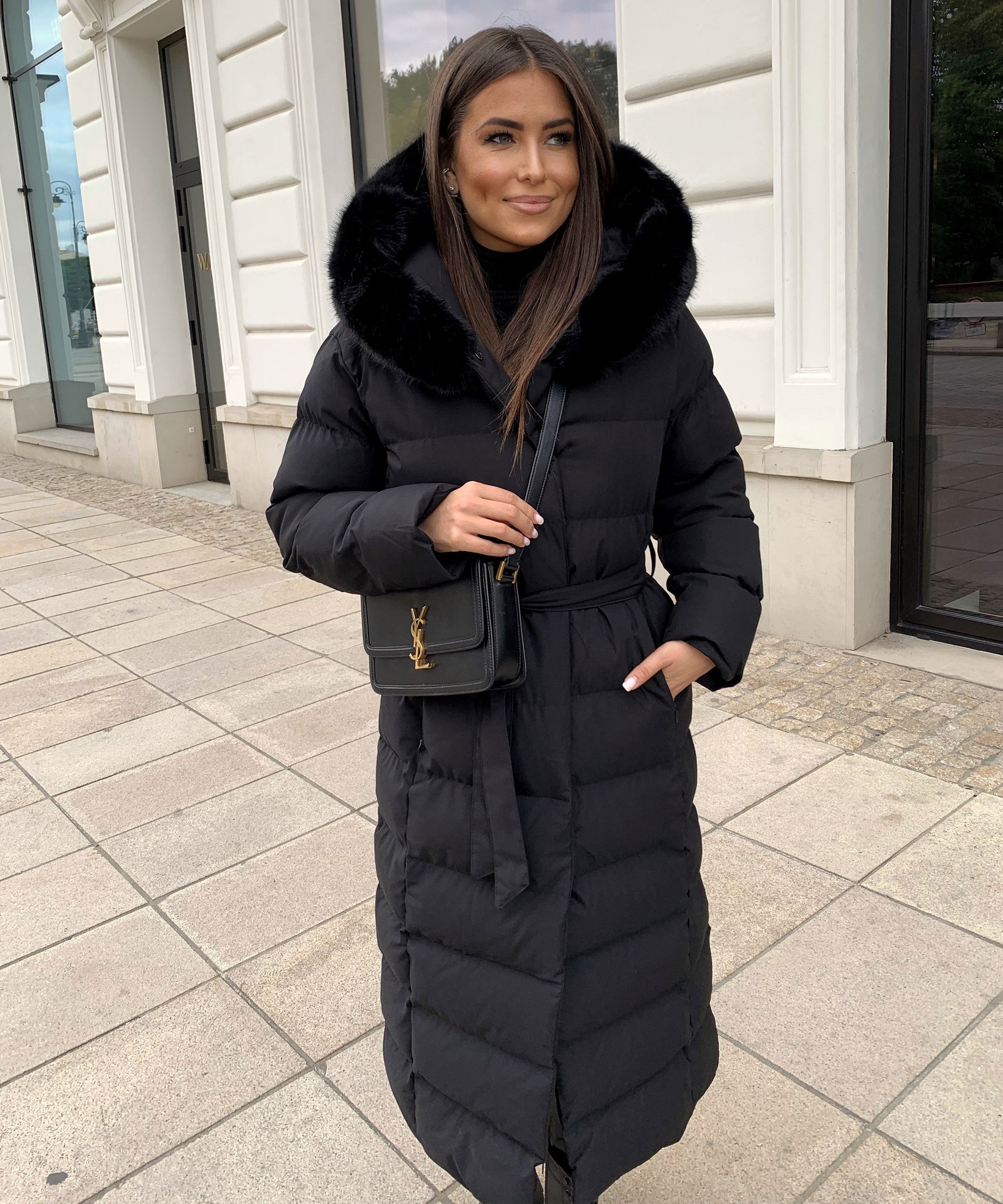Women's Black Long Maxi Puffer Coat with Faux Fur Hood — Elegant Winter Jacket for Cold Weather & City Wear | Koossa