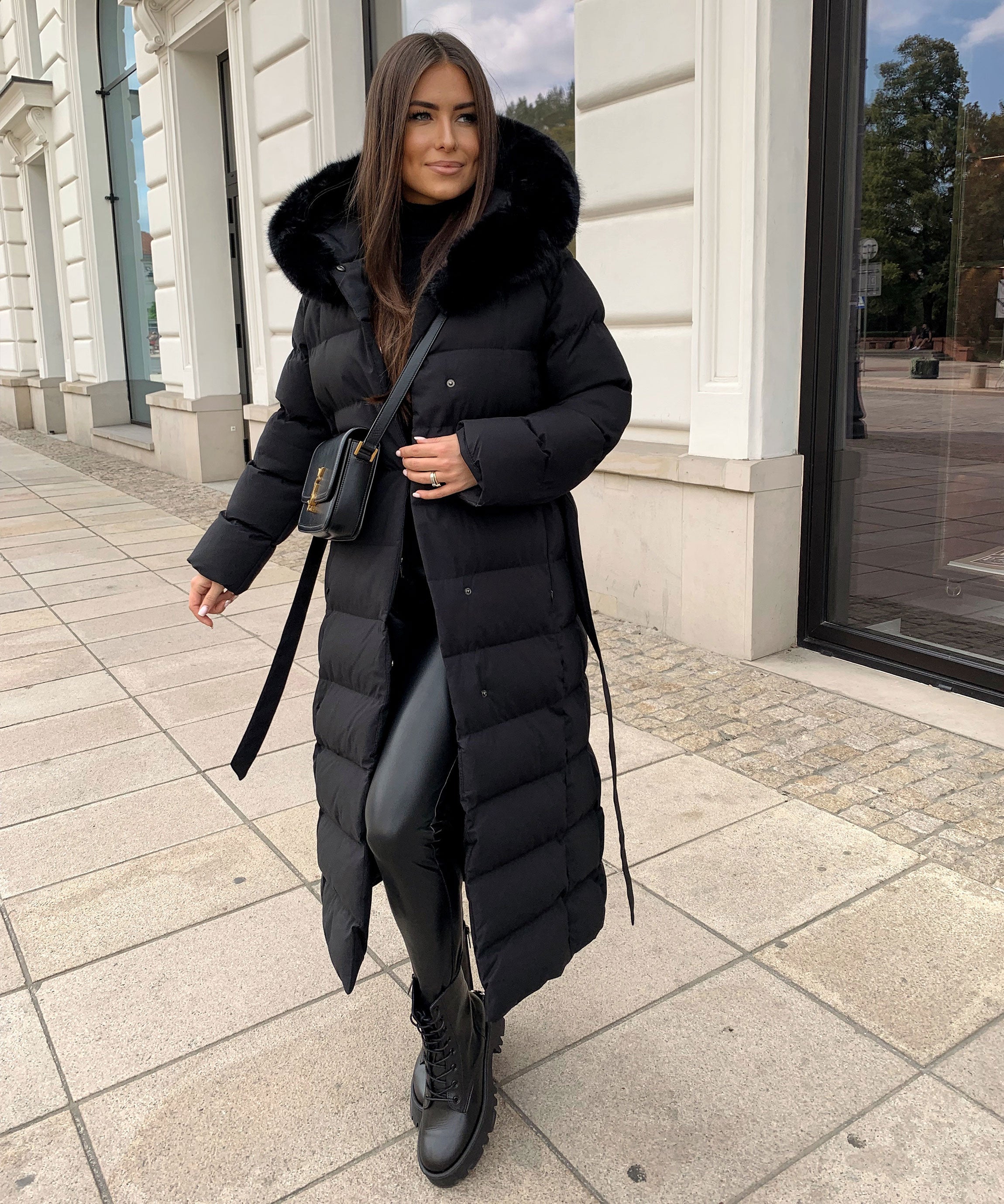 Women's Black Long Maxi Puffer Coat with Faux Fur Hood — Elegant Winter Jacket for Cold Weather & City Wear | Koossa