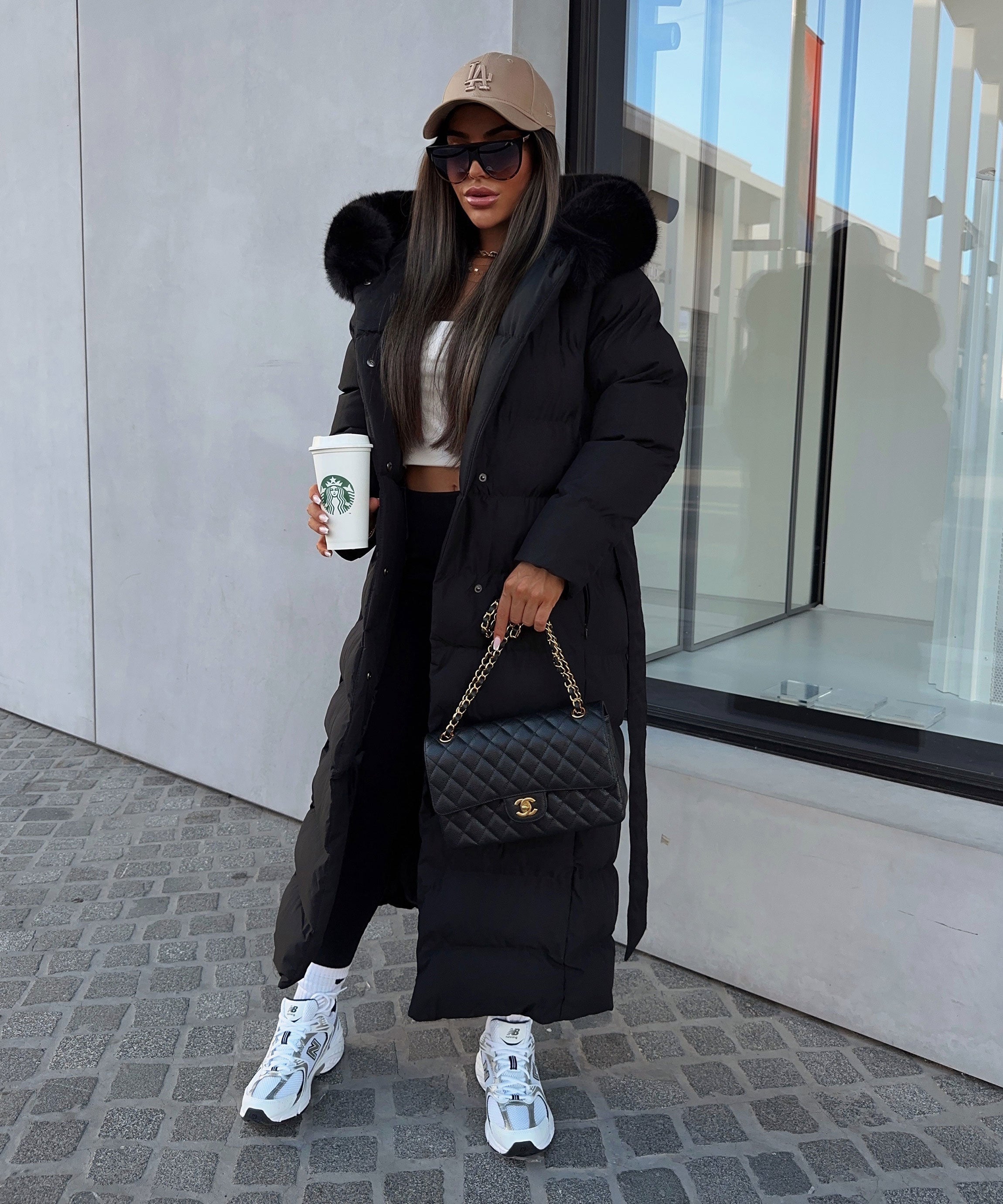 Women's Black Long Maxi Puffer Coat with Faux Fur Hood — Elegant Winter Jacket for Cold Weather & City Wear | Koossa