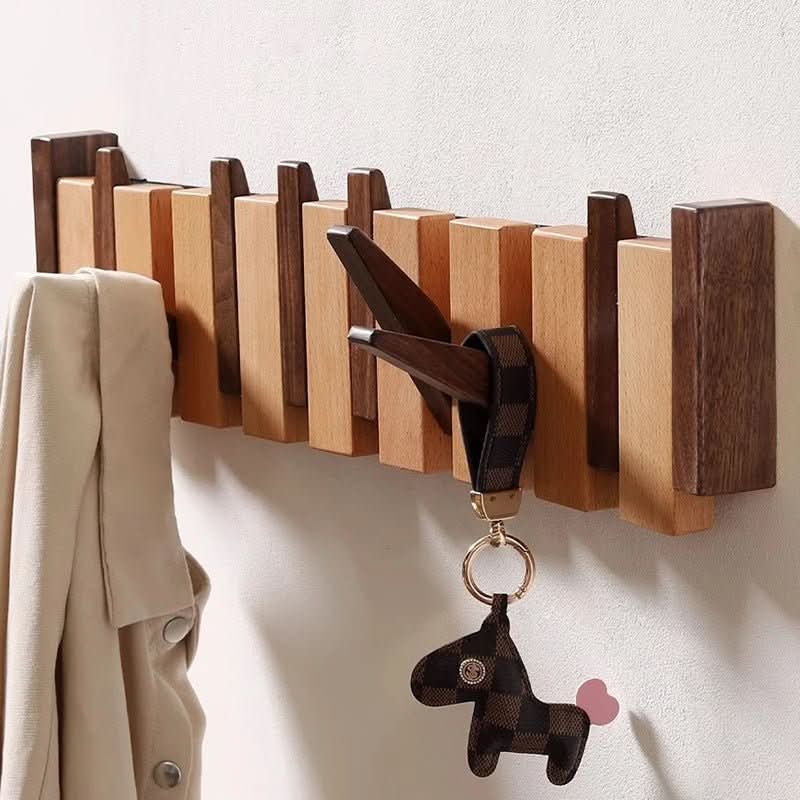 Patère murale en bois massif design piano avec crochets escamotables faits main pour entrée et couloir élégants | Koossa