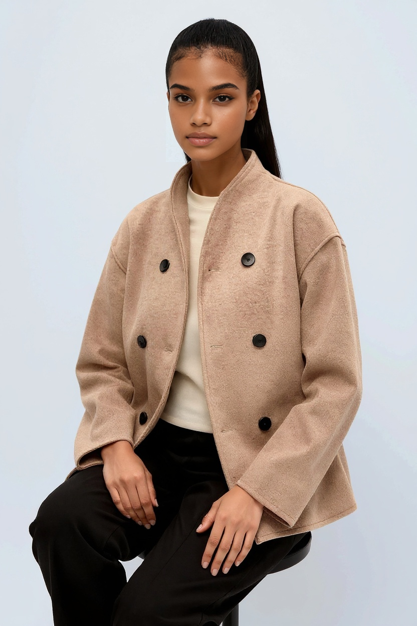 Boxy Double-Breasted Wool Jacket in Grey & Khaki – Short Length Tailored Coat for Smart Casual Layering | Koossa
