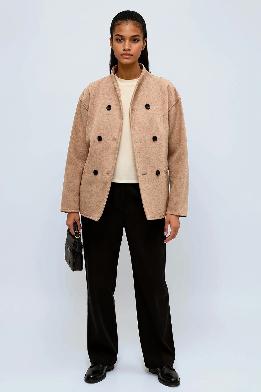 Boxy Double-Breasted Wool Jacket in Grey & Khaki – Short Length Tailored Coat for Smart Casual Layering | Koossa