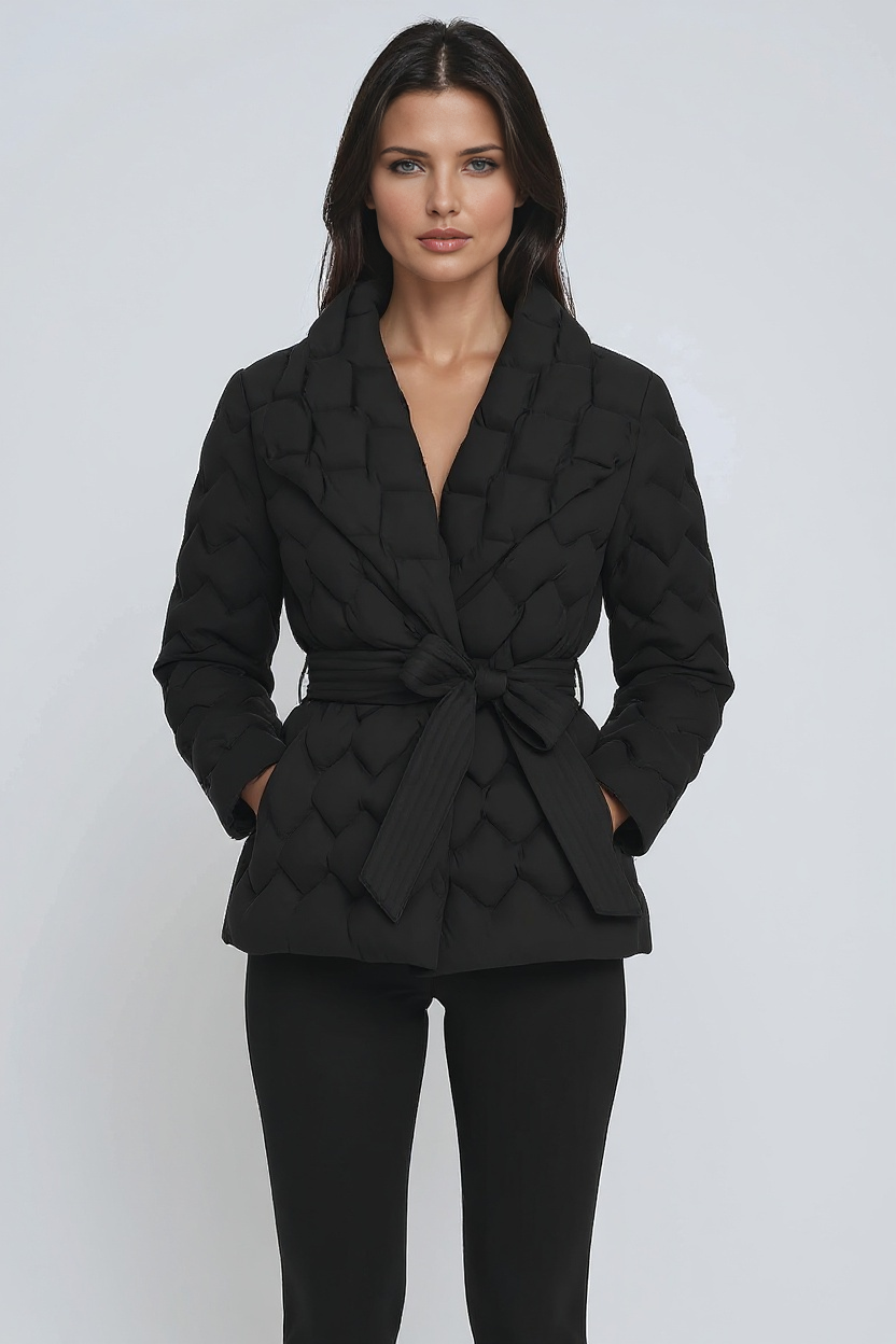Quilted Belted Puffer Jacket in Midnight Black, Amber Orange & Sandstone Beige | Elegant Padded Winter Coat with Waist Belt for Women Over 50 | Koossa