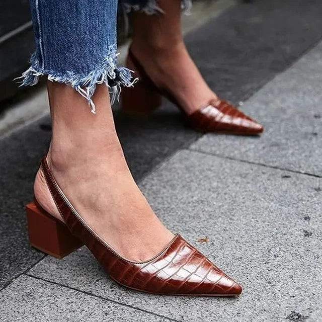 Women's Block Heel Court Shoes — Comfortable Croc-Effect Pumps for All-Day Wear & Smart Occasions | Koossa