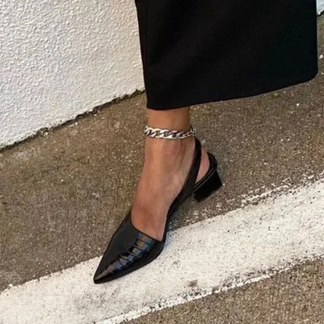 Women's Block Heel Court Shoes — Comfortable Croc-Effect Pumps for All-Day Wear & Smart Occasions | Koossa