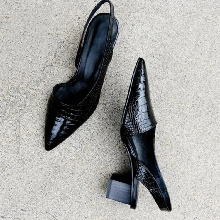 Women's Block Heel Court Shoes — Comfortable Croc-Effect Pumps for All-Day Wear & Smart Occasions | Koossa