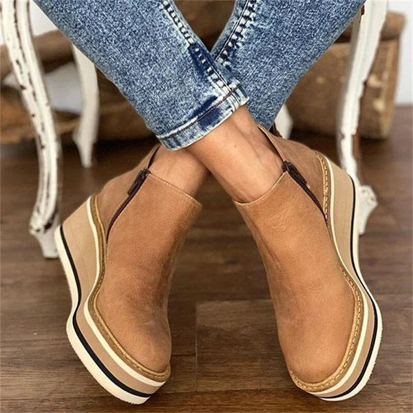 Wedge Ankle Boots with Side Zip in Khaki, Black, Beige, Brown & Royal Blue | Casual Platform Footwear for Weekend Styling | Koossa