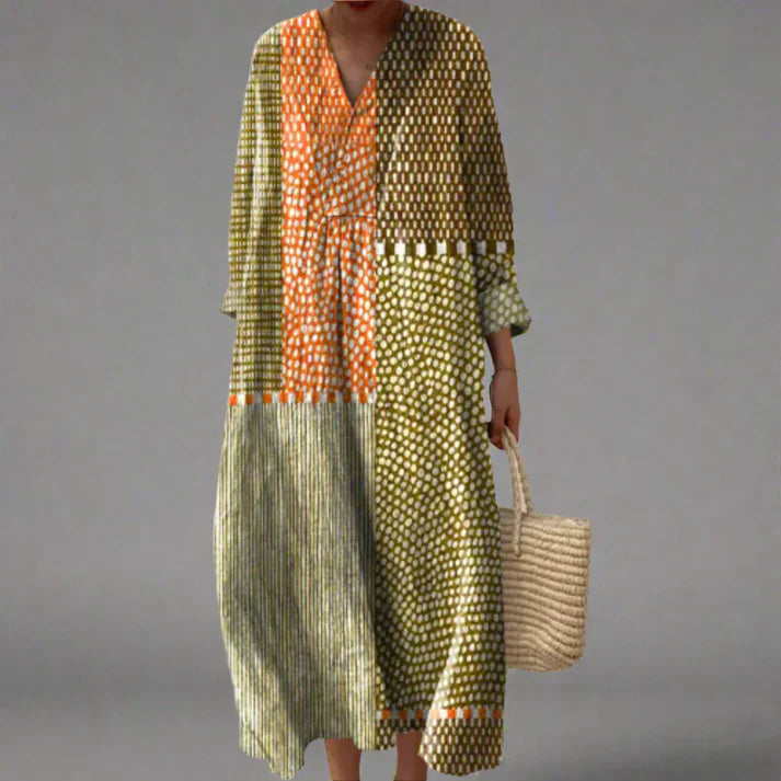 Women's V-Neck Geometric Print Dress in Soft Woven Fabric – Relaxed Fit Summer Dress with Vintage-Inspired Pattern for Holiday, Brunch & Weekend Styling | Koossa