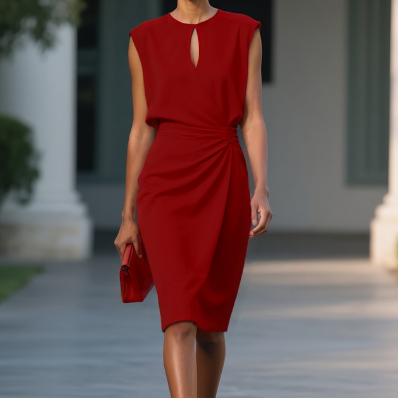Women's Ruched Waist Midi Dress with Keyhole Neckline in Light Blue, White, Black, Green, Red and Navy – Elegant Occasion Wear for Weddings, Parties and Evening Events | Koossa