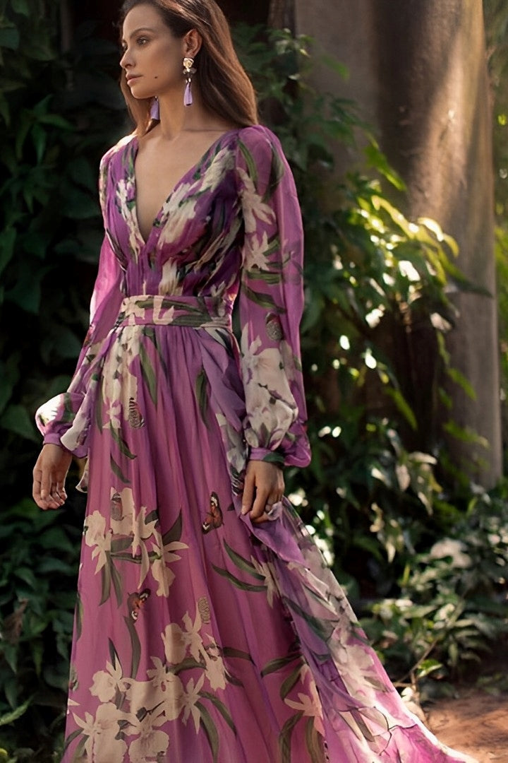 Purple Maxi Dress Long Sleeve V-Neck Floral Print Evening Gown Garden Party Formal Occasion Flowing Silhouette Elegant Botanical Design | Koossa
