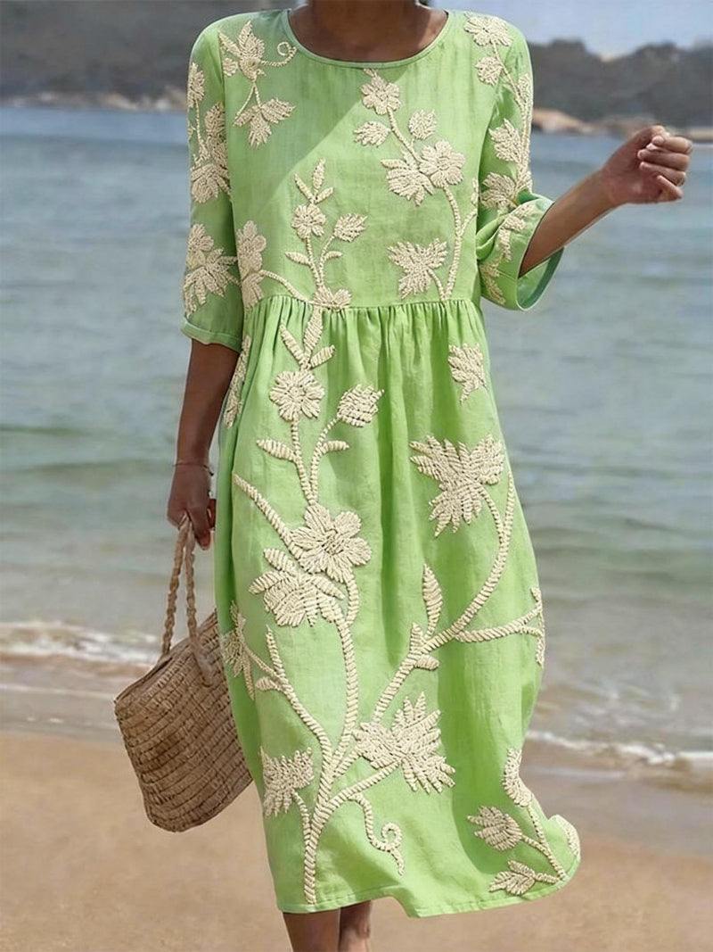 Embroidered Floral Linen Midi Dress in Five Soft Shades | Relaxed Round Neck Summer Dress with Delicate Handcrafted Detailing | Koossa