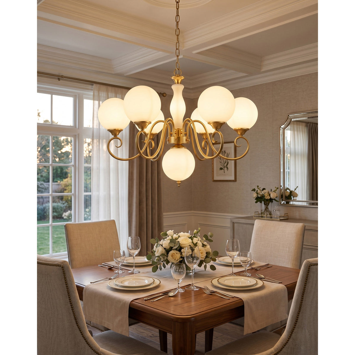 Hand-Blown Glass Globe Chandelier with Antique Brass Frame – Multi-Arm Pendant Light for Dining Room | Lonoma
