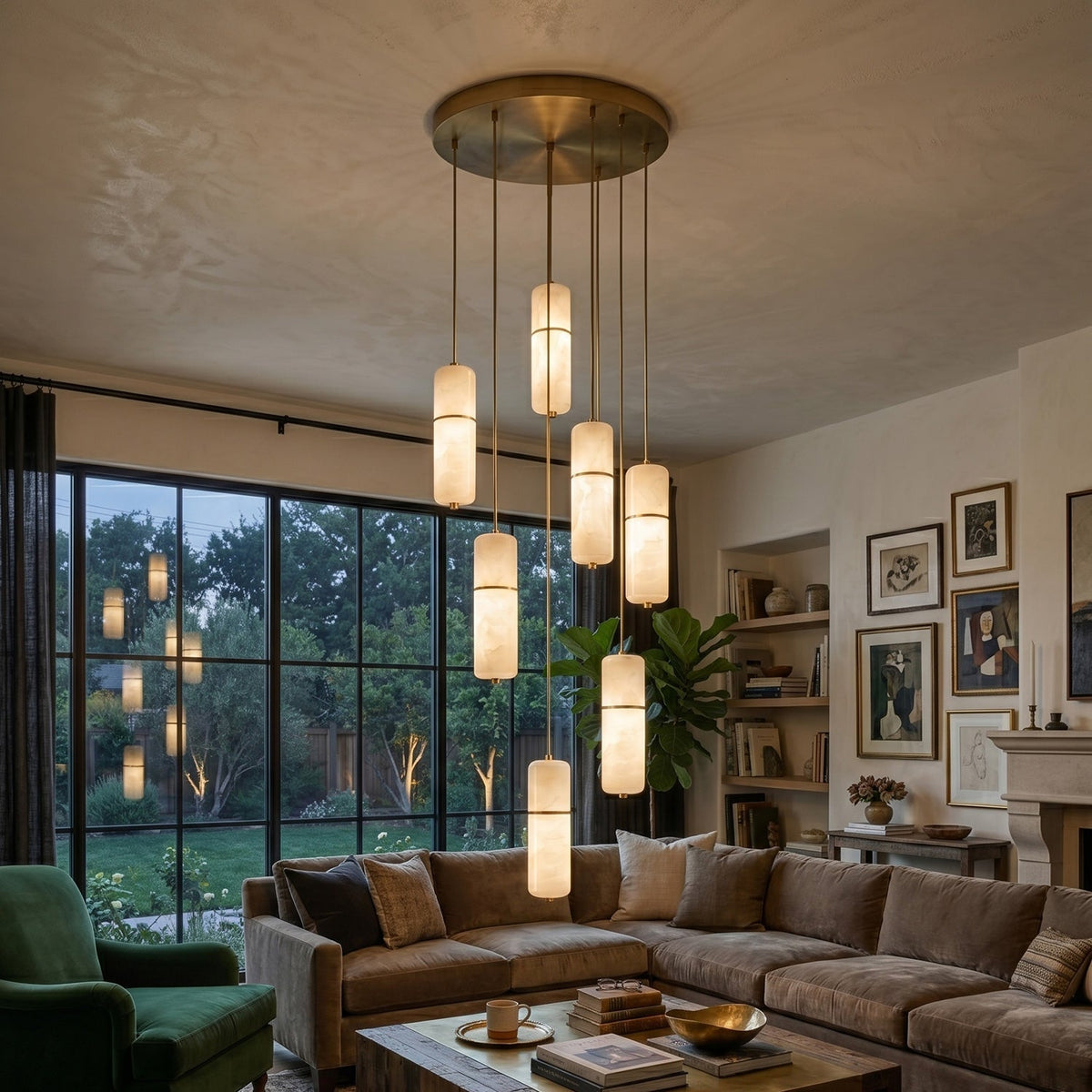 LED Alabaster Pendant Light Brass Finish Adjustable Wire Multi-Light Chandelier for Dining Room Kitchen Island Stairwell | Lonoma