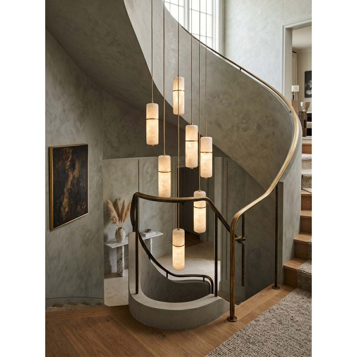 LED Alabaster Pendant Light Brass Finish Adjustable Wire Multi-Light Chandelier for Dining Room Kitchen Island Stairwell | Lonoma