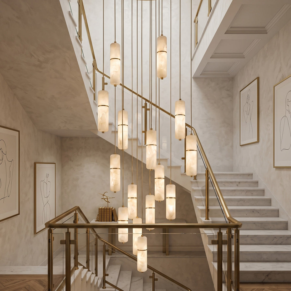 LED Alabaster Pendant Light Brass Finish Adjustable Wire Multi-Light Chandelier for Dining Room Kitchen Island Stairwell | Lonoma