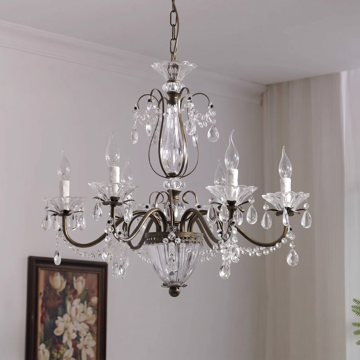 Glam Crystal Chandelier with Candelabra Bulbs Coffee Gold Iron Frame Adjustable Chain Dining Room Foyer Statement Lighting | Lonoma