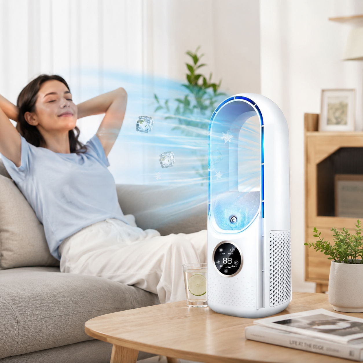 Refroidisseur d'air sans pales compact et silencieux rechargeable pour bureau et chambre blanc et bleu | Koossa