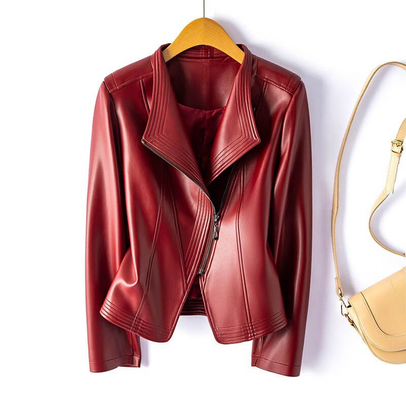 Women's Tailored Faux Leather Biker Jacket in Black, Red & Beige for Evening & Weekend | Koossa