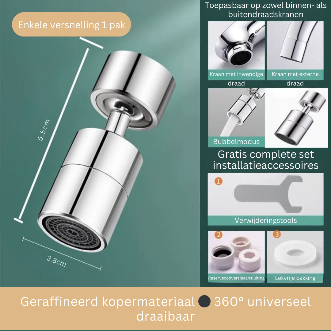 Bec Pivotant 720° pour Robinet Cuisine et Bain – Aérateur Anti-Éclaboussures Double Jet Orientable Universel | Koossa