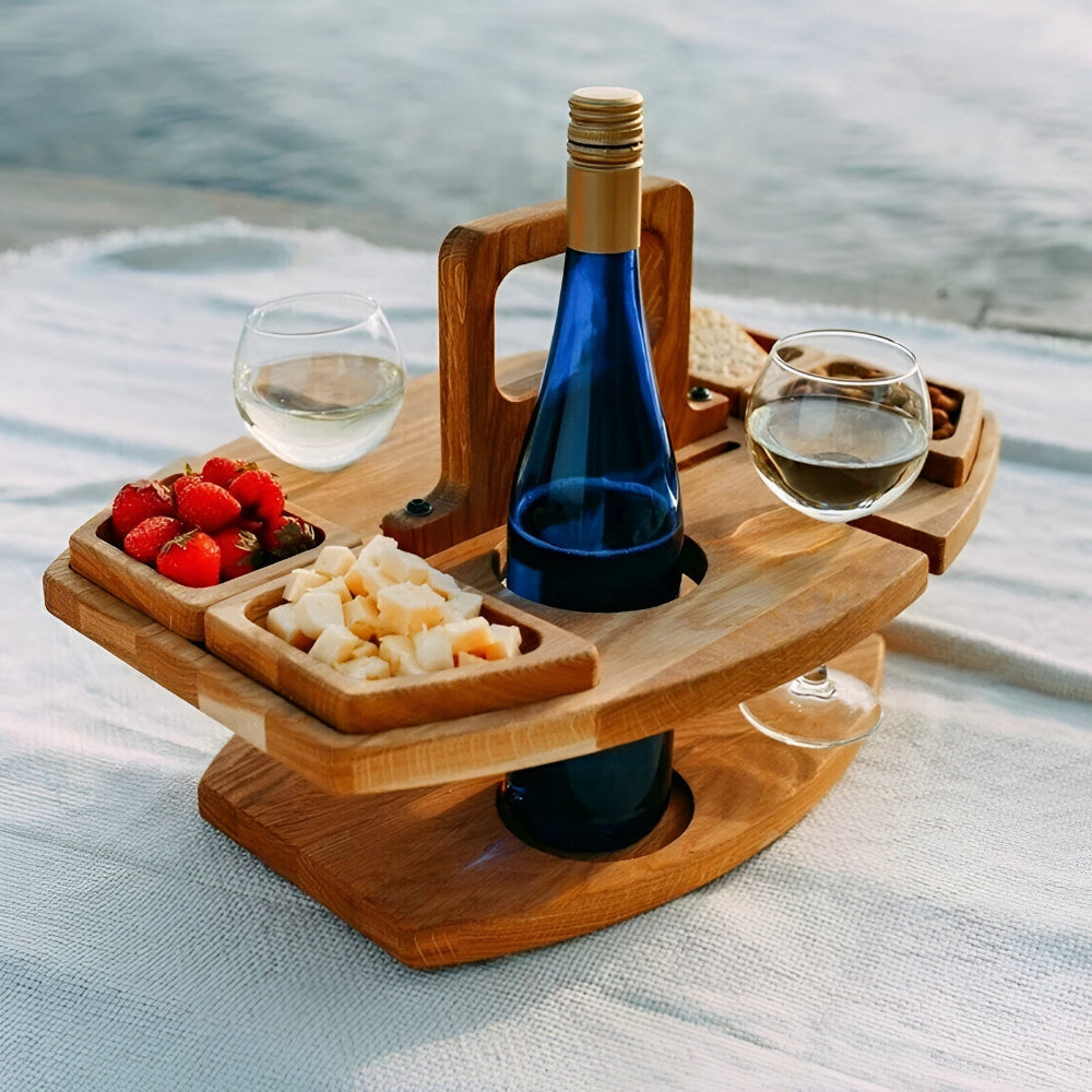 Plateau de Piquenique Pliable en Bois Massif avec Emplacements pour Verres et Bouteilles 31×36×26 cm Jardin | Koossa