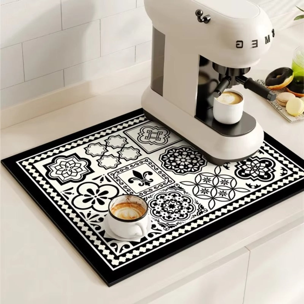 Diatomaceous Earth Drying Mat, Quick Dry Absorbent Stone Pad for Kitchen Counter, Coffee Bar, Dish Sink Drainer, Retro Tile Pattern | Lonoma