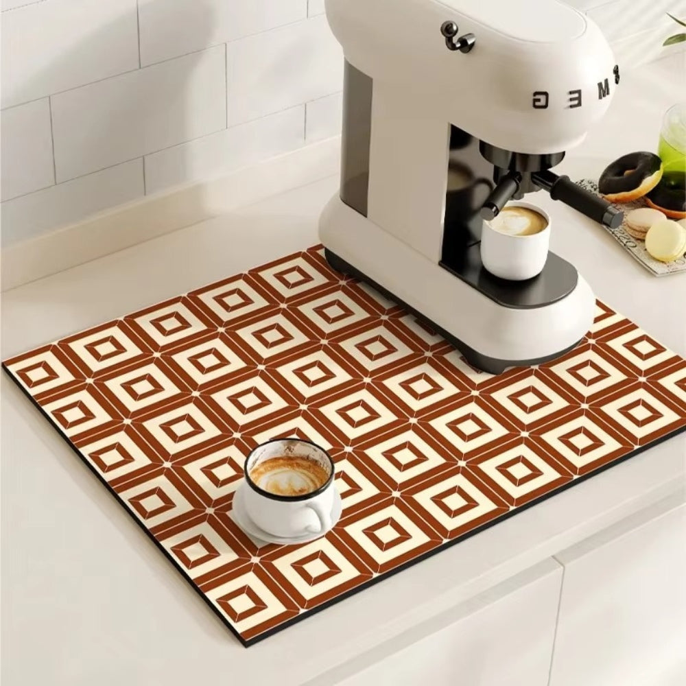 Diatomaceous Earth Drying Mat, Quick Dry Absorbent Stone Pad for Kitchen Counter, Coffee Bar, Dish Sink Drainer, Retro Tile Pattern | Lonoma