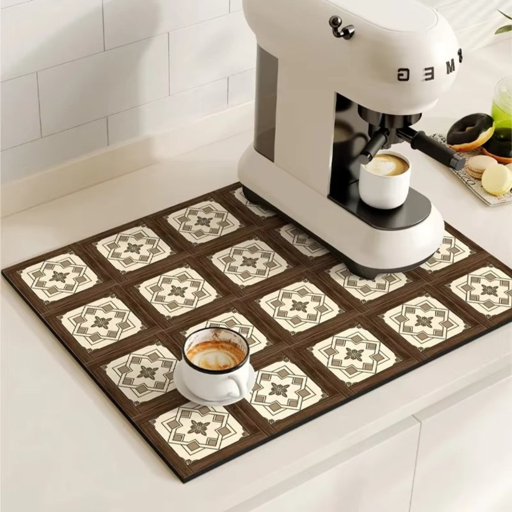 Diatomaceous Earth Drying Mat, Quick Dry Absorbent Stone Pad for Kitchen Counter, Coffee Bar, Dish Sink Drainer, Retro Tile Pattern | Lonoma