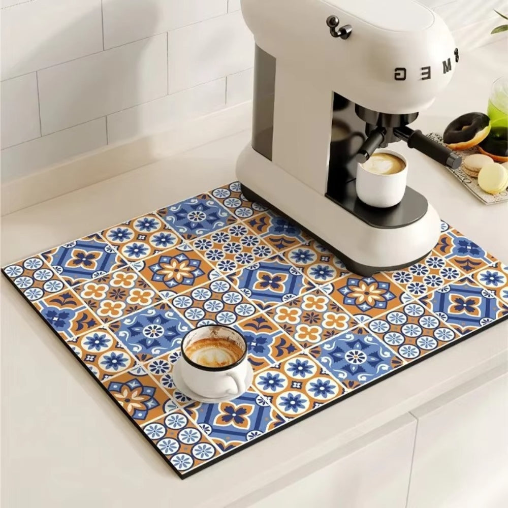 Diatomaceous Earth Drying Mat, Quick Dry Absorbent Stone Pad for Kitchen Counter, Coffee Bar, Dish Sink Drainer, Retro Tile Pattern | Lonoma