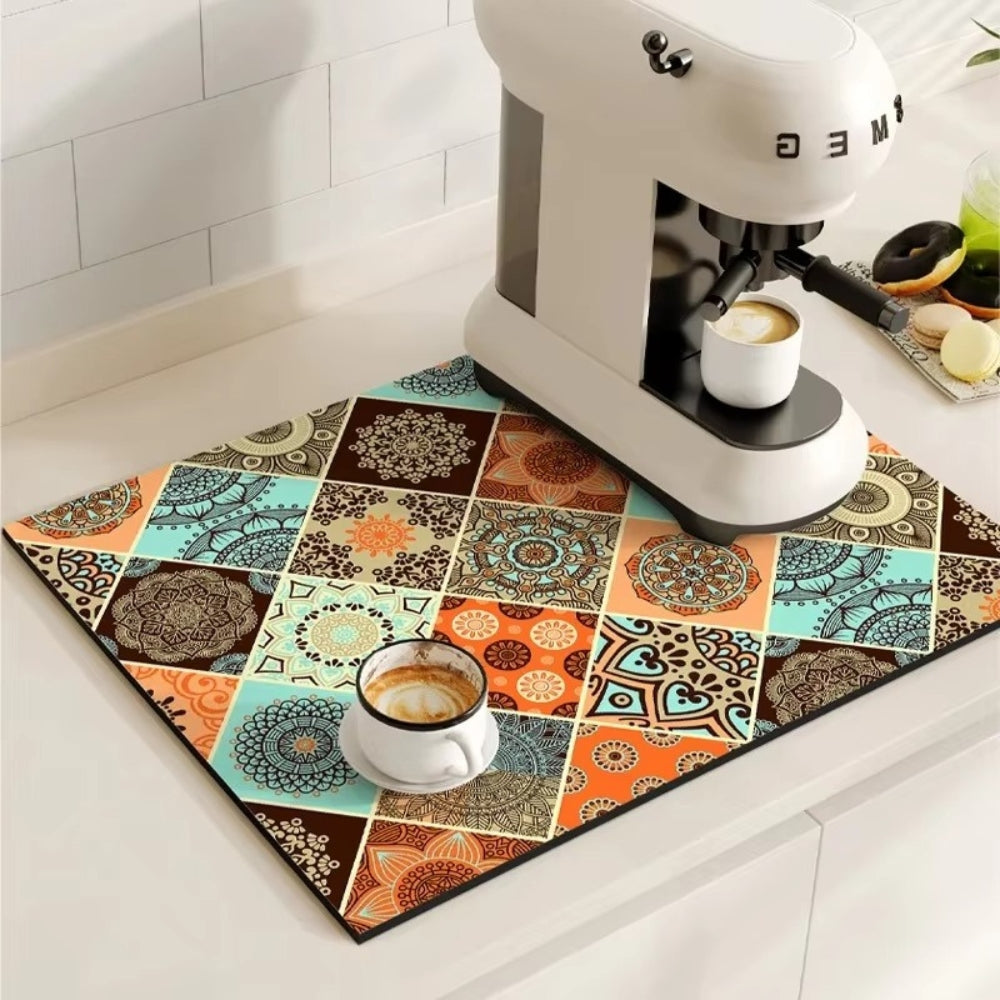 Diatomaceous Earth Drying Mat, Quick Dry Absorbent Stone Pad for Kitchen Counter, Coffee Bar, Dish Sink Drainer, Retro Tile Pattern | Lonoma