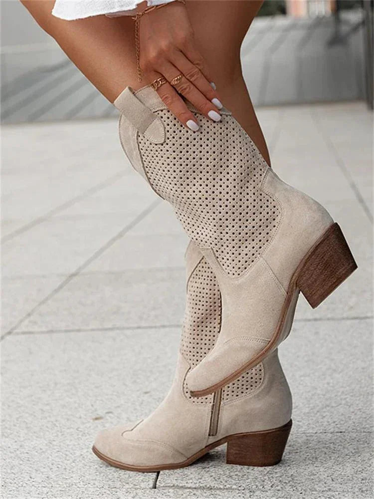 Perforated Western Boots with Block Heel in White, Black, Khaki & Brown – Pointed Toe Cowboy-Inspired Ankle Boots for Women | Koossa