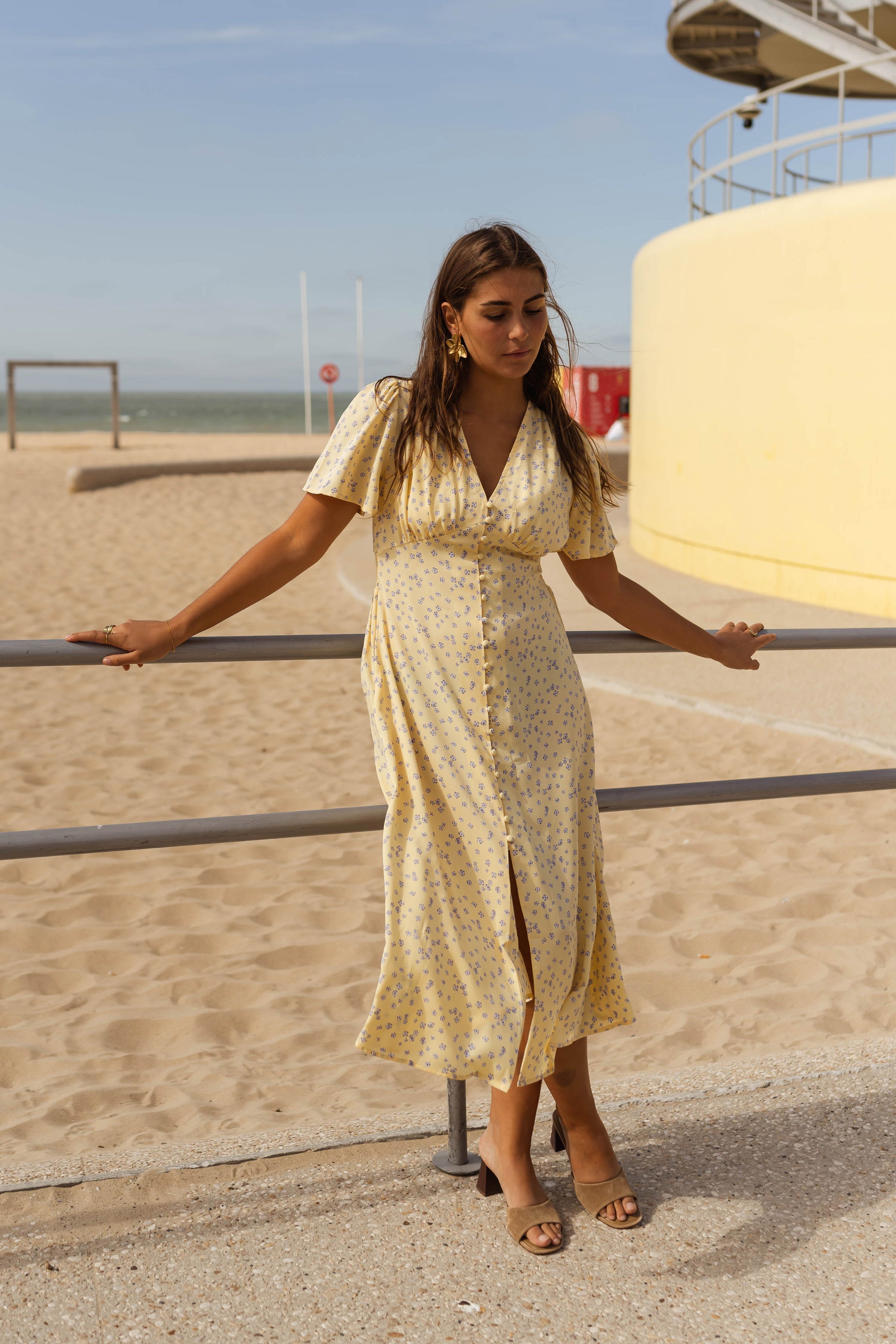 Women's Yellow Floral Midi Dress — Elegant Summer Dress with V-Neck & Puff Sleeves for Garden Parties | Koossa