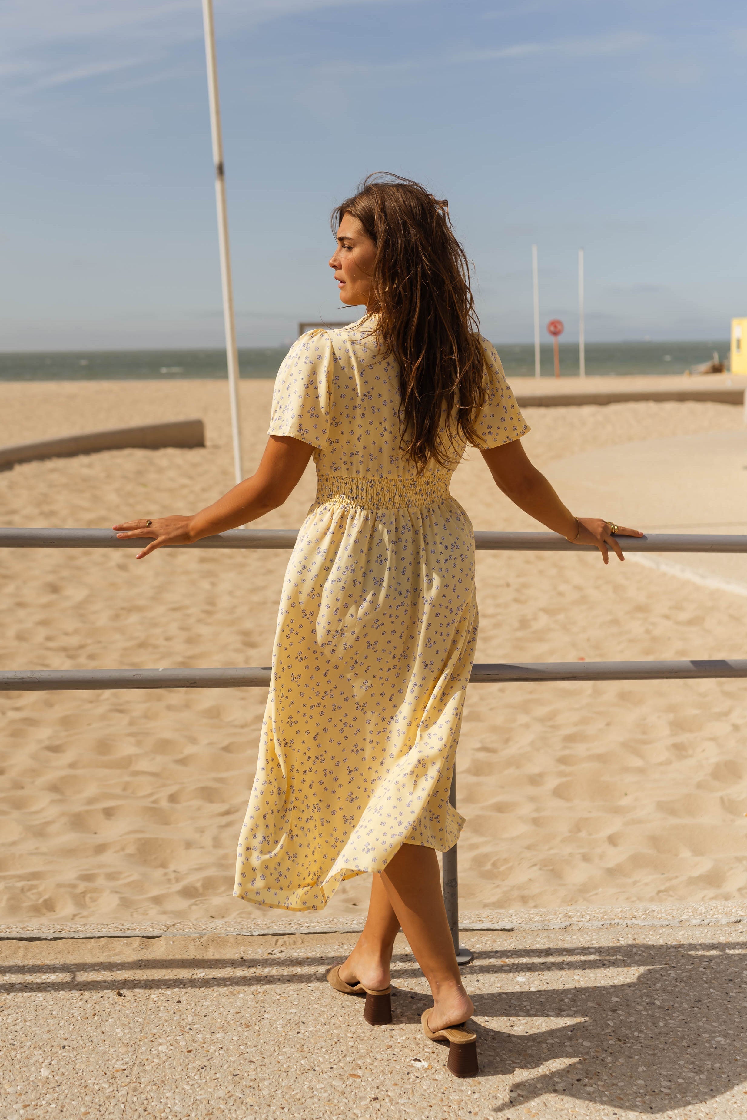 Women's Yellow Floral Midi Dress — Elegant Summer Dress with V-Neck & Puff Sleeves for Garden Parties | Koossa