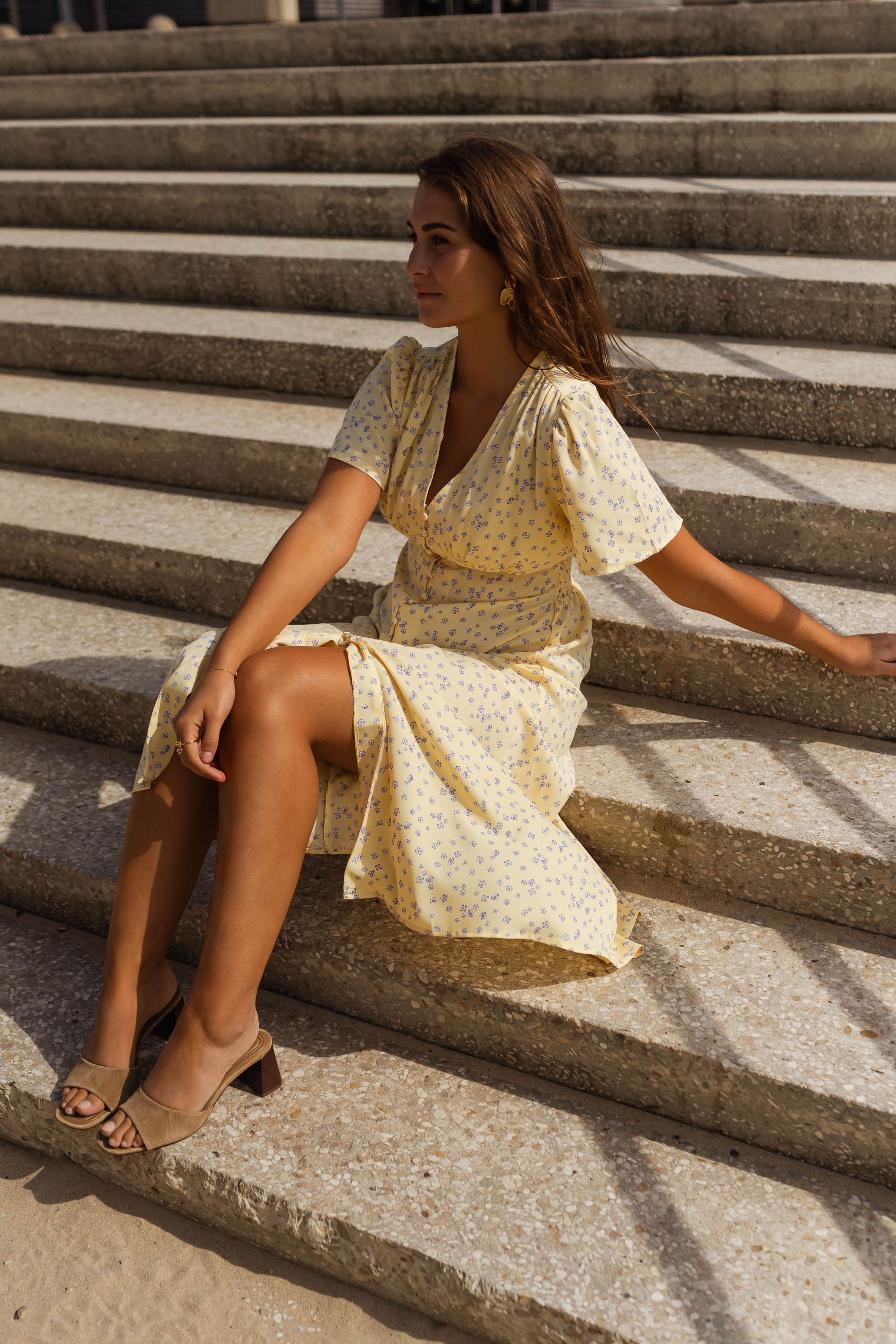 Women's Yellow Floral Midi Dress — Elegant Summer Dress with V-Neck & Puff Sleeves for Garden Parties | Koossa