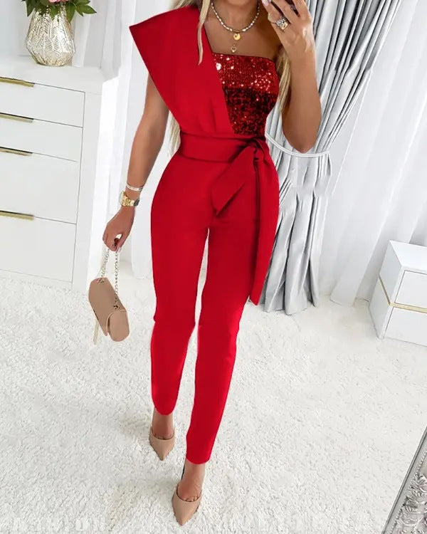Women's Sequin One-Shoulder Jumpsuit — Elegant Wide-Leg Occasion Jumpsuit for Evening Events & Parties | Koossa