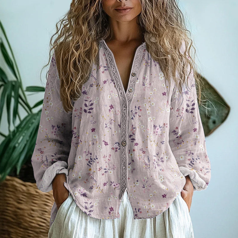 Women's Printed Blouse in Soft Draped Fabric with Vintage Botanical Leaf Pattern | Koossa