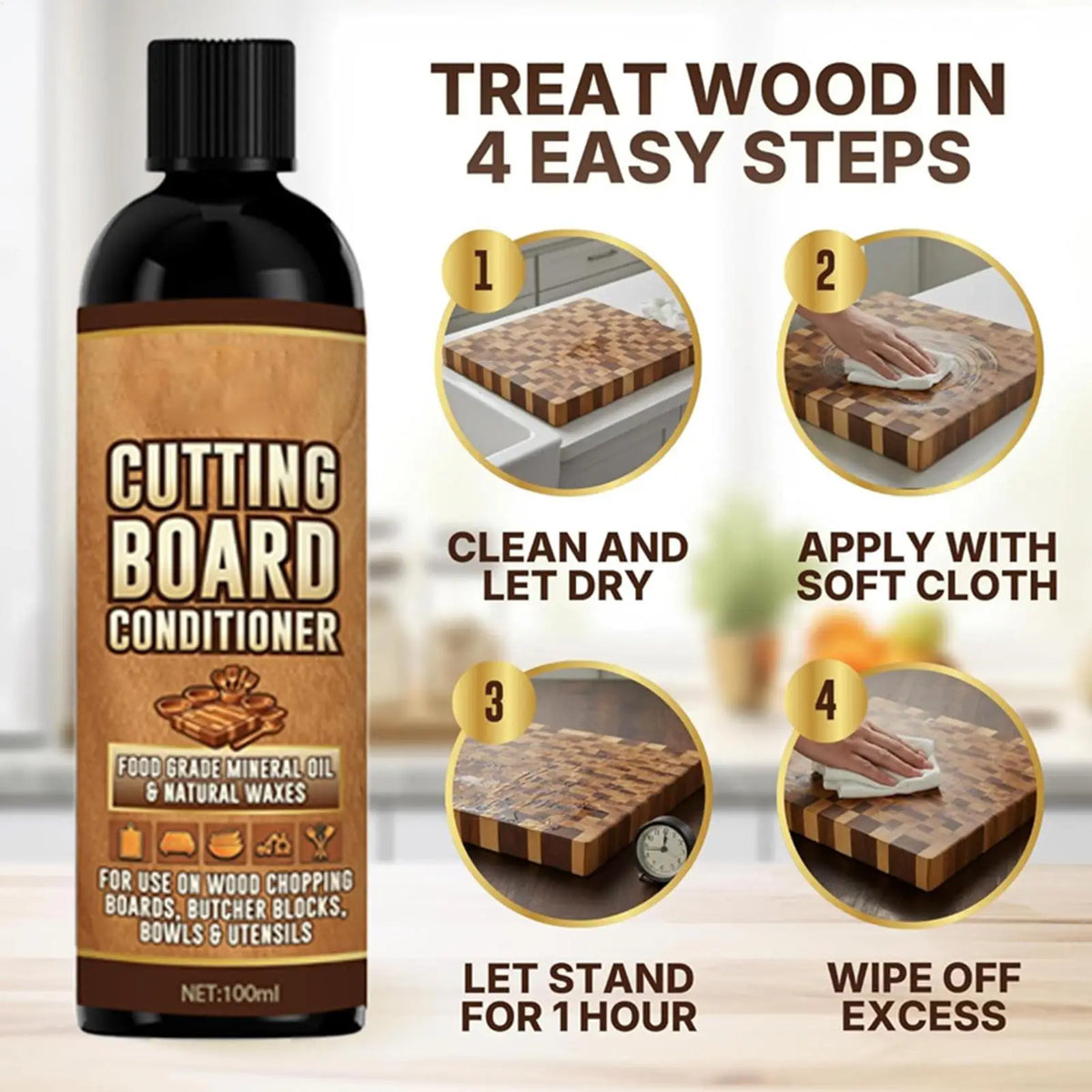 Food-Grade Wood Conditioner Oil for Cutting Boards & Kitchen Tools – Mineral-Based Protective Treatment, 3.4 fl oz Restores Wood Surfaces | Lonoma
