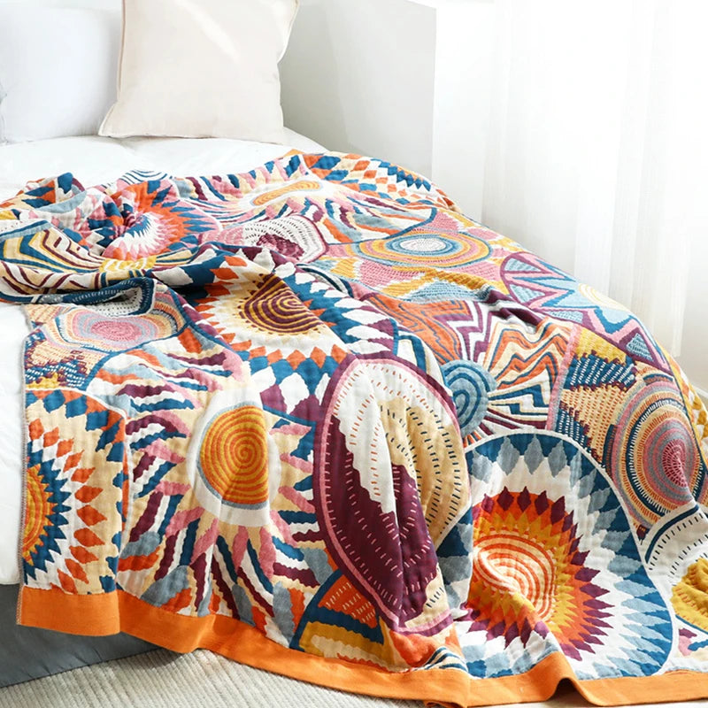 Lightweight Cotton Gauze Throw Blanket for Couch Bed Year-Round Layering Geometric Knit Coverlet for Living Room Bedroom All Seasons | Lonoma