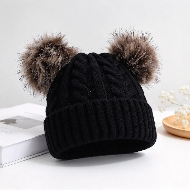 Women's Beanie Hat with Dual Faux Fur Pom-Poms – Chunky Cable Knit Winter Cap with Cuffed Design for Cold Weather | Lonoma