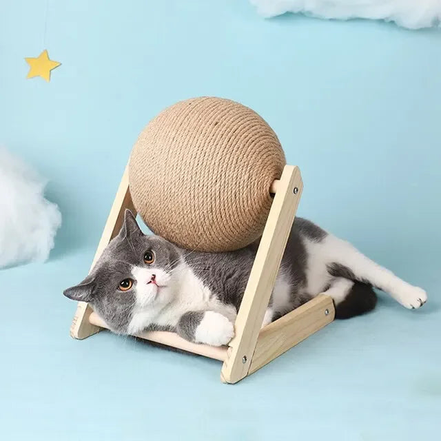 Cat Scratching Ball Sisal Rope Wood Stand 12cm or 16cm Rotating Sphere Triangle Base Indoor Claw Grinding Toy Natural Material | Koossa