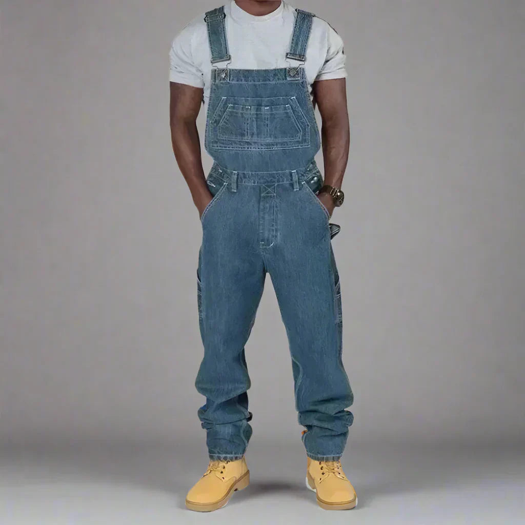 Men's Blue Straight Leg Denim Dungarees — Relaxed Utility Style for Casual Everyday Wear & Streetwear | Koossa