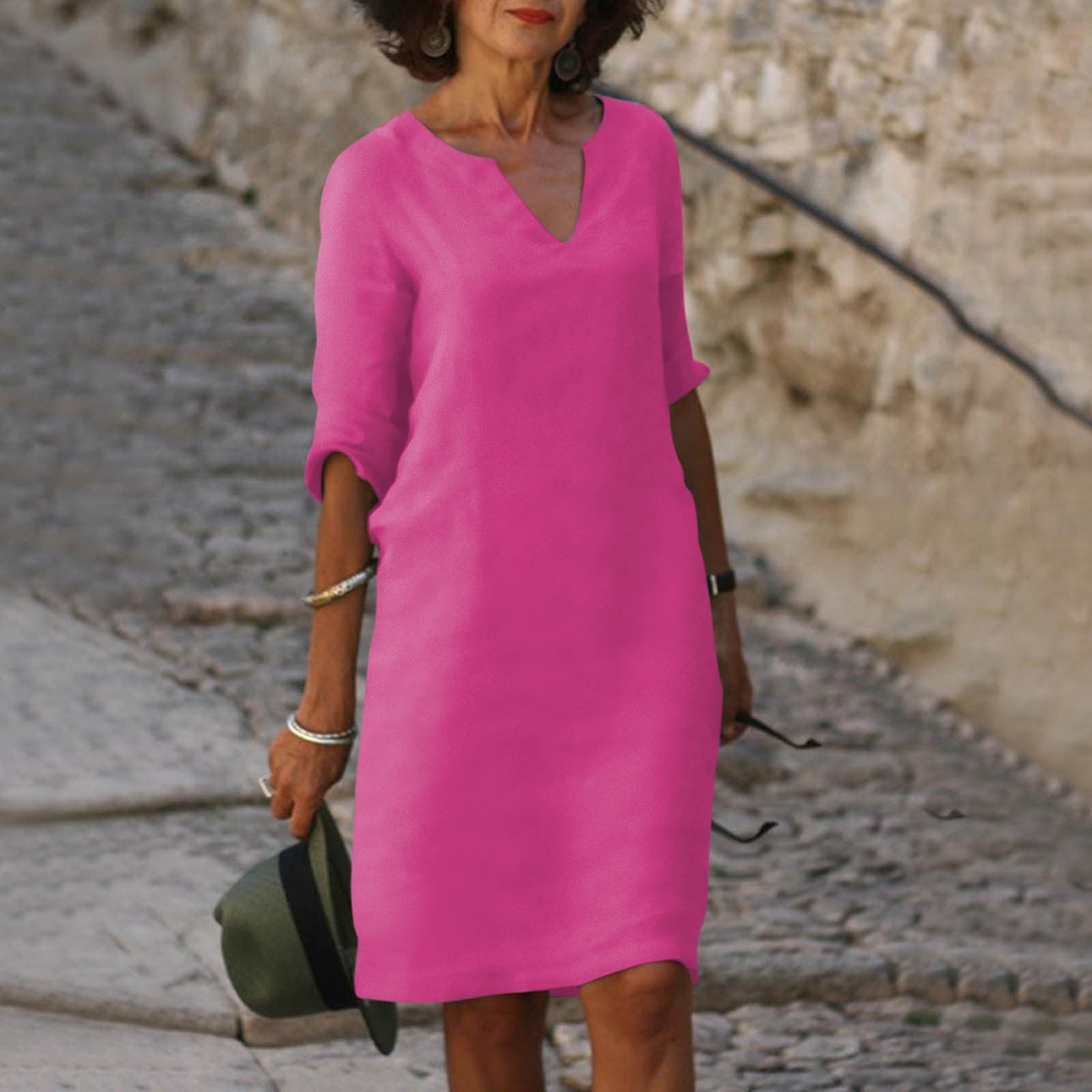 Women's V-Neck Midi Summer Dress — Elegant Everyday Dress with Short Sleeves for Warm Weather & Casual Occasions | Koossa