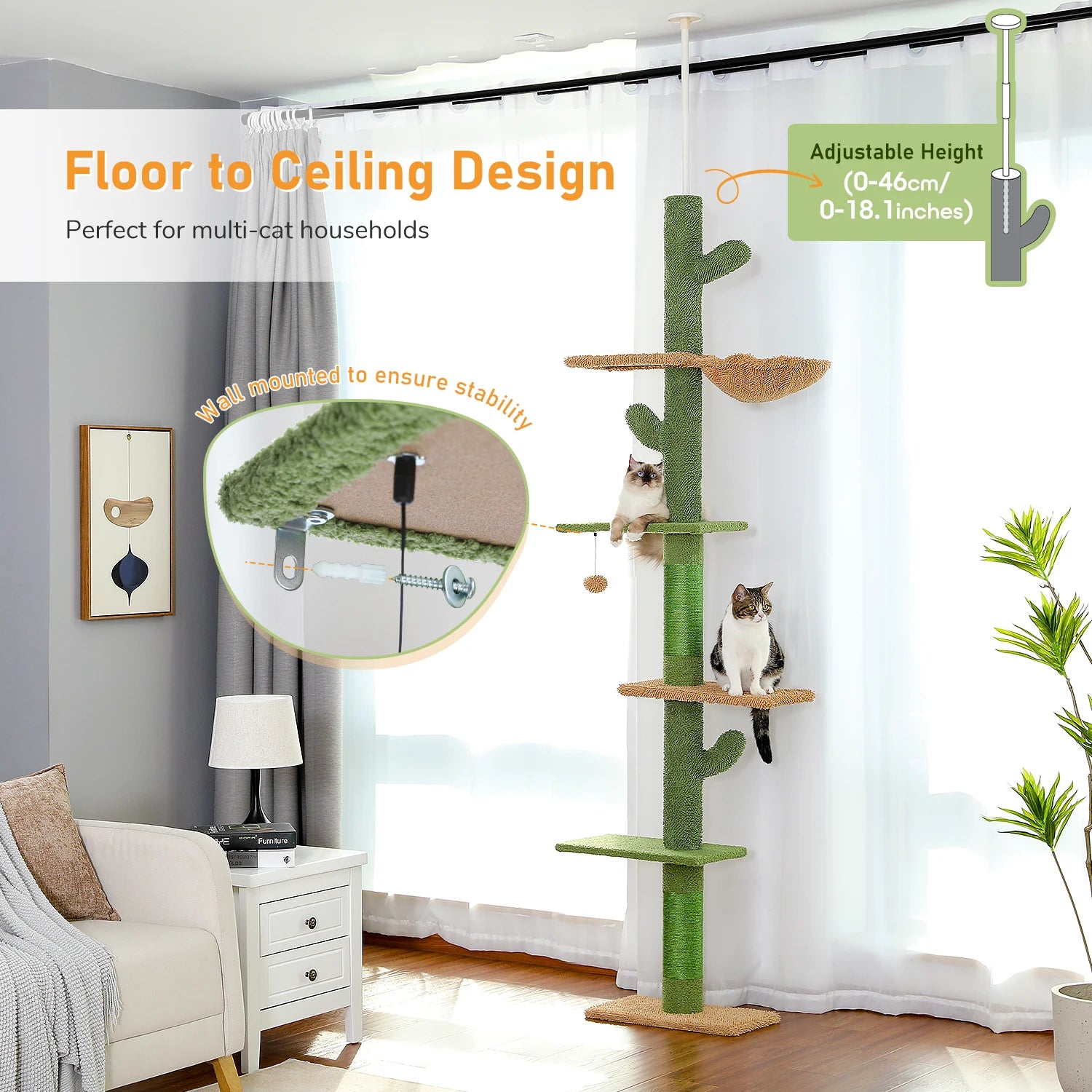 Cat Tree Floor-to-Ceiling Cactus 5-Level Adjustable Height 240-275cm Sisal Posts 9cm Hammock Scratching Tower Multi-Cat Tension Pole Wall-Mounted | Koossa