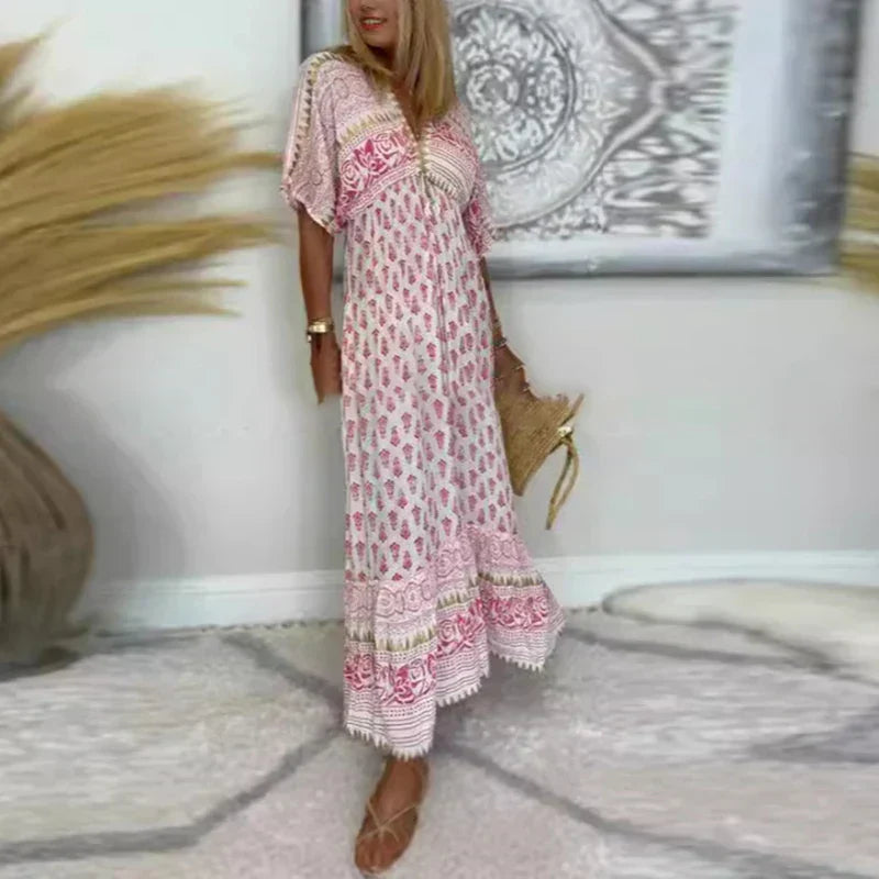 Women's Tassel-Trim Maxi Dress in Pink — Lightweight Summer Dress Flowing Occasion Wear | Koossa